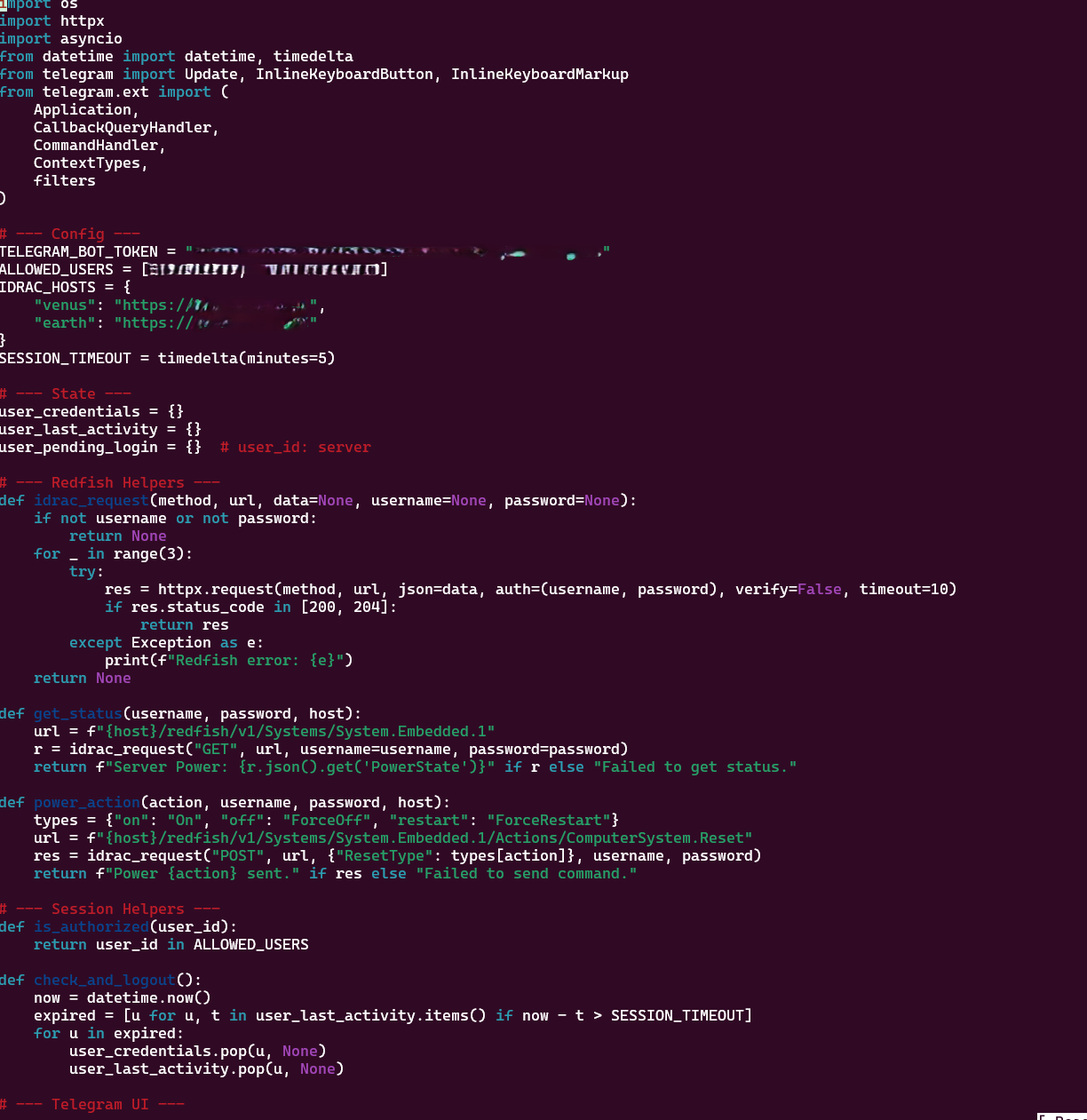 The server-management integration used by the iDRAC Telegram bot.